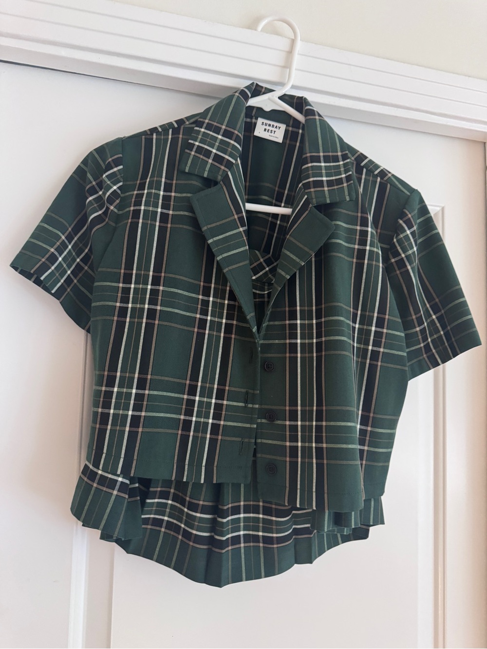 Sunday Best Dark Green Plaid Cropped Button-Down Shirt And Mini Skirt